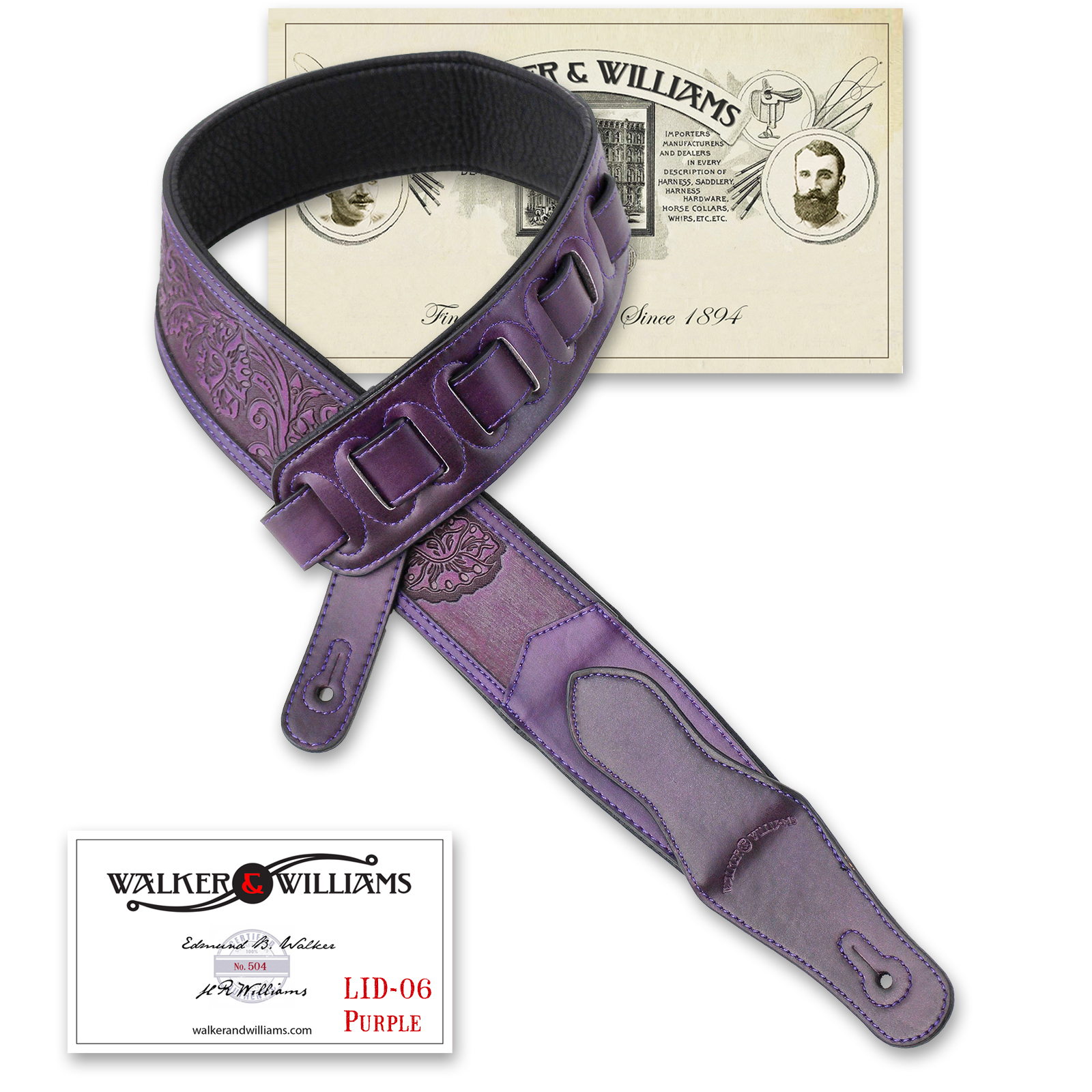 Purple Leather Padded Guitar Strap with Traditional Sheridan Tooling Walker & Williams LID-06