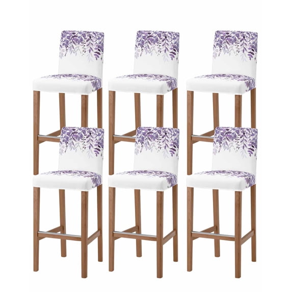 Purple Leaves Bar Stool Covers Set of 6, Summer Botanical Stretch Washable Bar Chair Covers with Backs, Removable Pub Counter Height Chair Cover for Kitchen Dining Room Cafe Watercolor Weeping