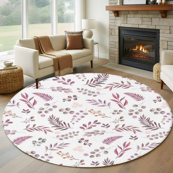 Purple Leaves Farm Round Rug 5ft Washable Circle Kitchen Rugs Non Slip Herbs Flowers Pastoral Country Large Area Rug Indoor Floor Carpet for Bedroom Living Room Home Office Dining Room Nursery