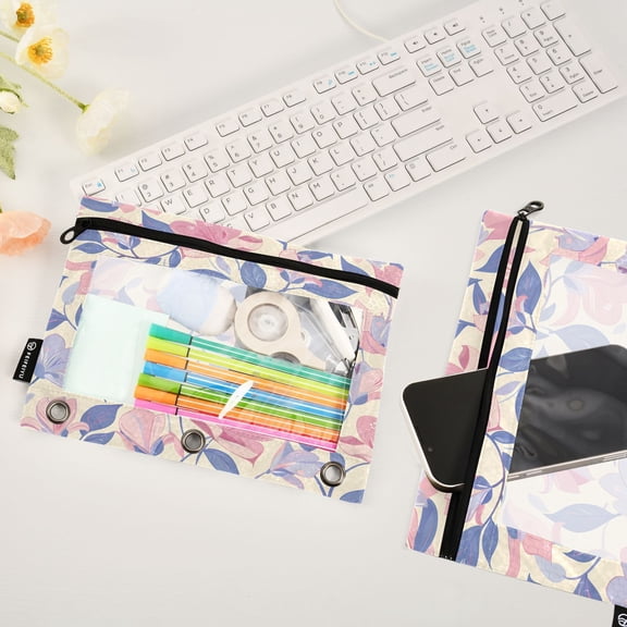 Purple Leaves Flowers 2 Pack Pencil Pouches Zipper Pencil Case 3 Ring Pencil Pouch Cosmetic Bag