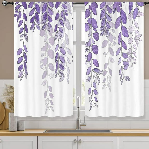 Purple Leaves Kitchen Curtains Rod Pocket Purple and White Lilac Leaf Eucalyptus Botanical Plant Small Short Tier Cafe Curtain Neutral Window Treatment Drapes Decor(27.5W X 39L Inch 2 Panels)