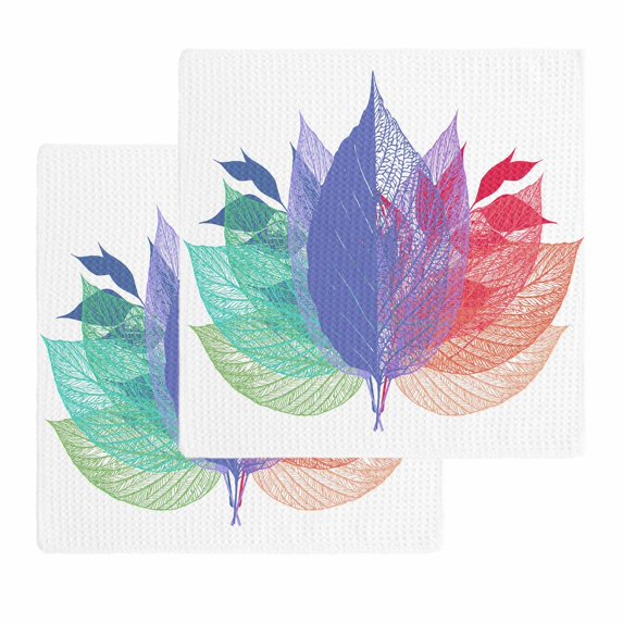 Purple Leaves Kitchen Dish Towels for Drying Dishes Set of 2, Spring Summer Botanical Farmhouse Modern Waffle Weave Microfiber Hand Tea Bathroom Towels Quick Dry & Absorbent Towel 12x12