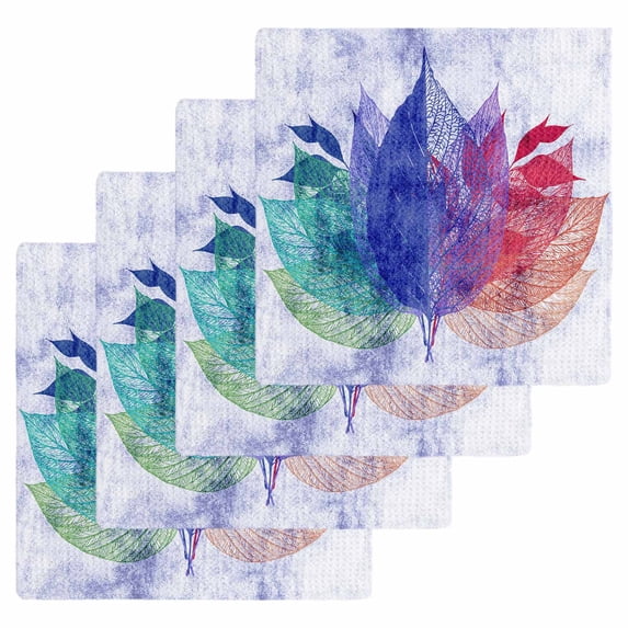 Purple Leaves Kitchen Dish Towels for Drying Dishes Set of 4, Spring Summer Botanical Farmhouse Modern Art Waffle Weave Microfiber Hand Tea Bathroom Towels Quick Dry & Absorbent Towel 12x12