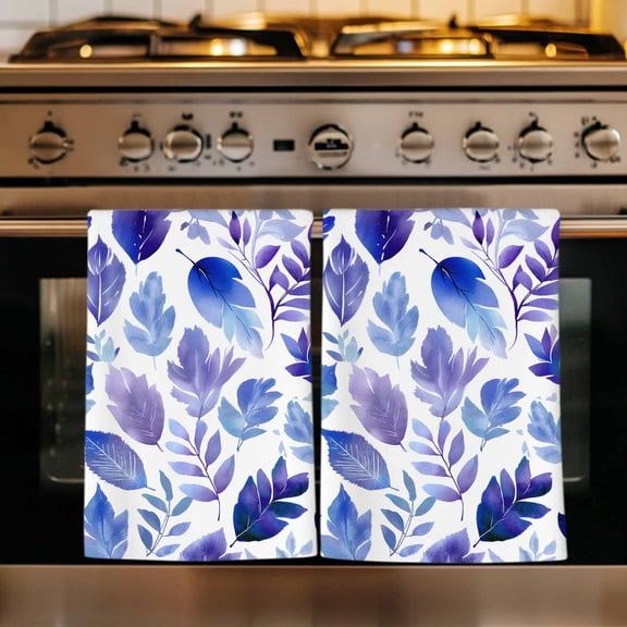 Purple Leaves Kitchen Towels Set of 2, Spring Plants Rustic Botanical Country Absorbent Dish Towels for Kitchen, Microfiber Hand Towel, Quick Drying Tea Towel for Cleaning Decorative Dishcloths
