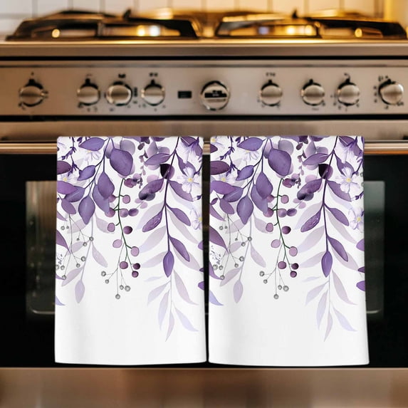 Purple Leaves Kitchen Towels Set of 4, Summer Botanical Absorbent Dish Towels for Kitchen, Microfiber Hand Towel, Quick Drying Tea Towel for Cleaning Decorative Dishcloths Watercolor Weeping