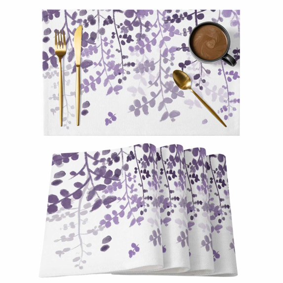 Purple Leaves Placemats Set of 12, Summer Botanical Placemats for Dining Table, Place Mats for Kitchen Tabletop, Waterproof Wipeable Dining Table Mats Set