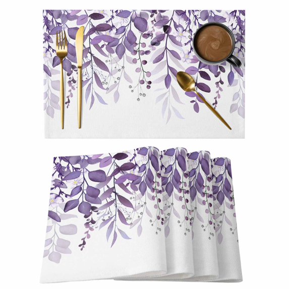 Purple Leaves Placemats Set of 4, Summer Botanical Placemats for Dining Table, Place Mats for Kitchen Tabletop, Waterproof Wipeable Dining Table Mats Set