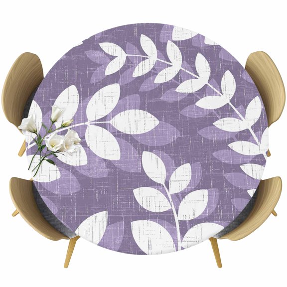 Purple Leaves Round Tablecloth 36-44 Inch Round Fitted Table Cloth with Elastic Edge, Farmhouse Botanical Branch Vintage Modern Waterproof Table Cover Protector for Outdoor Picnic Party Dining