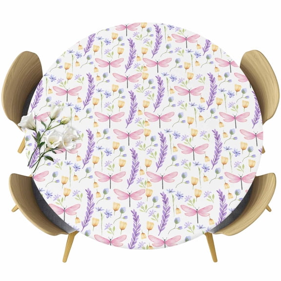 Purple Leaves Round Tablecloth 36-44 Inch Round Fitted Table Cloth with Elastic Edge, Pastoral Dragonfly Botanical Plants Waterproof Table Cover Protector for Outdoor Picnic Party Dining