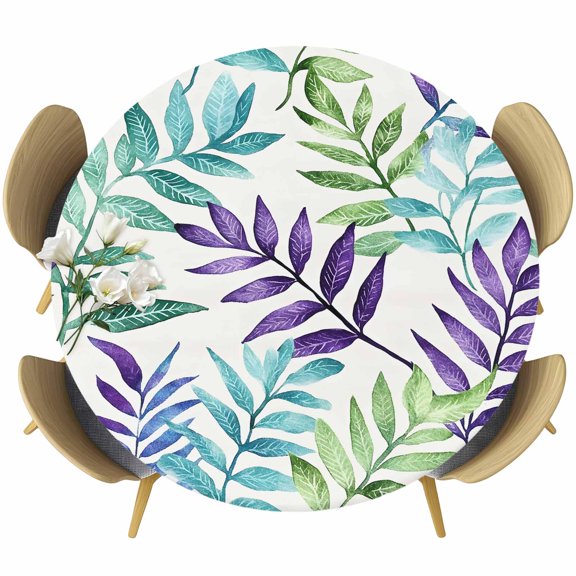 Purple Leaves Round Tablecloth 55-60 Inch Round Fitted Table Cloth with Elastic Edge, Turquoise Sage Green Plant Leaf Plant Waterproof Table Cover Protector for Outdoor Picnic Party Dining