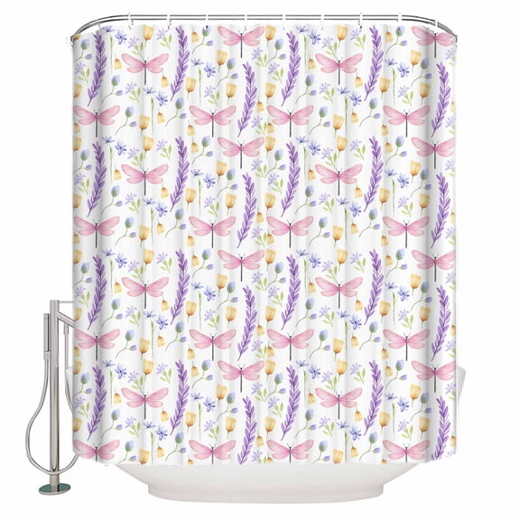 Purple Leaves Shower Curtains for Bathroom Waterproof Fabric Bath Curtains Decor Bath Tub Curtain Pastoral Dragonfly Botanical Plants Decorative Shower Curtain Sets with 12 Hooks, 72x72 Inch