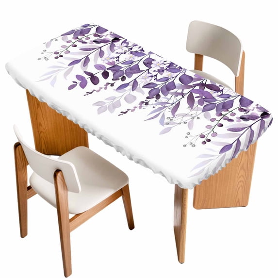 Purple Leaves Table Cloths for 6 Foot Rectangle Tables, Summer Botanical Patio Waterproof Elastic Fitted Tablecloths, Washable Rectangular Table Cover for Camping