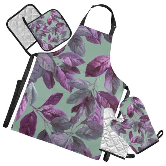 Purple Leaves Vector Apron Set with Oven Mitts Pot Holders Set of 5 Kitchen Stuff Accessories