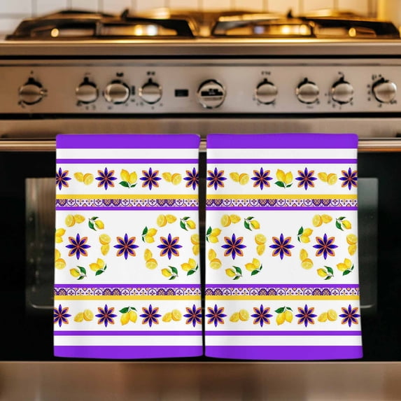 Purple Lemons Kitchen Towels Set of 3, Summer Watercolor Italian Style Flower Absorbent Dish Towels for Kitchen, Microfiber Hand Towel, Quick Drying Tea Towel for Cleaning Decorative Dishcloths