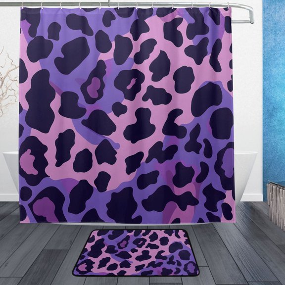 Purple Leo Skin Texture Bathroom Accessory Sets Waterproof Shower Curtain with Absorbent Non-Slip Rug