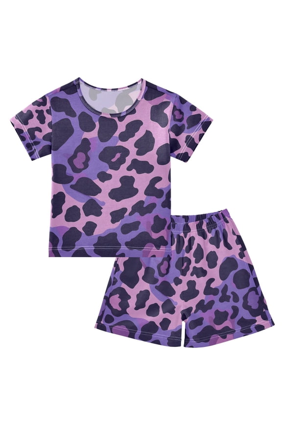 Purple Leo Skin Texture Summer Pajama Set Soft Cotton Short Sleeve Sleepwear 2PCS Pajama Sets Breathable Lounge Set Size 8Y