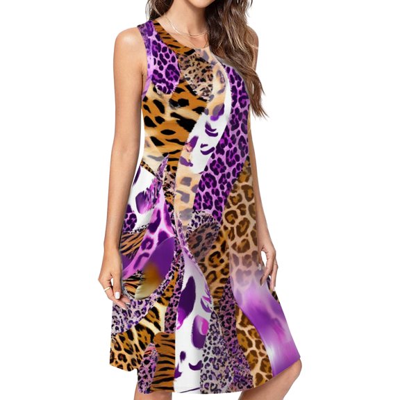 Purple Leopard Animal Print Swirls Casual Sleeveless Loose Sundress Dress For Women Summer Dress Daily Woman