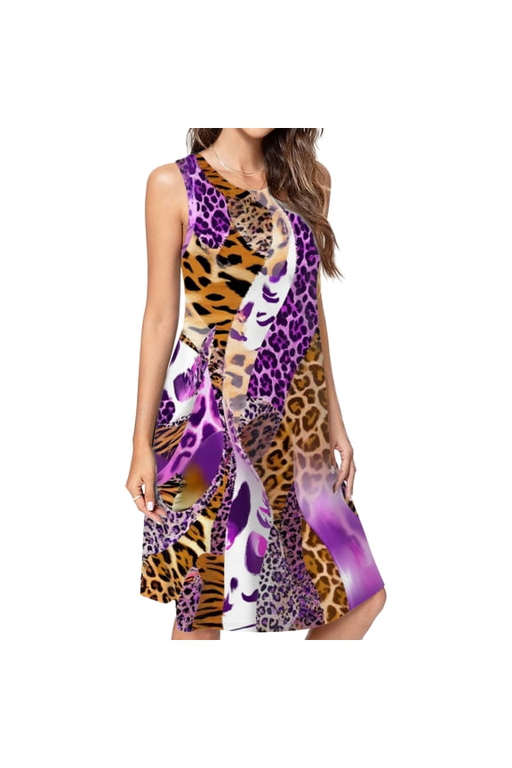 Purple Leopard Animal Print Swirls Dress Elegant Party Dresses Evening Dresses Women Dress Sleeveless Dress Ladies Dresses