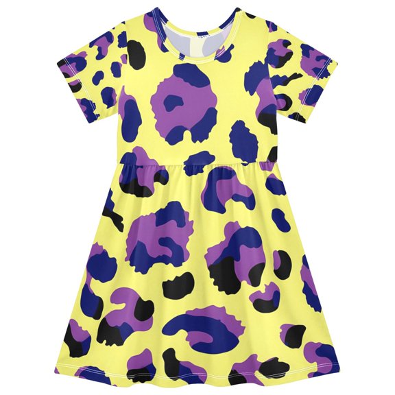 Purple Leopard Pattern Girls Short Sleeve Dress A Line Sun Protection Breathable Comfort Sundress 3T