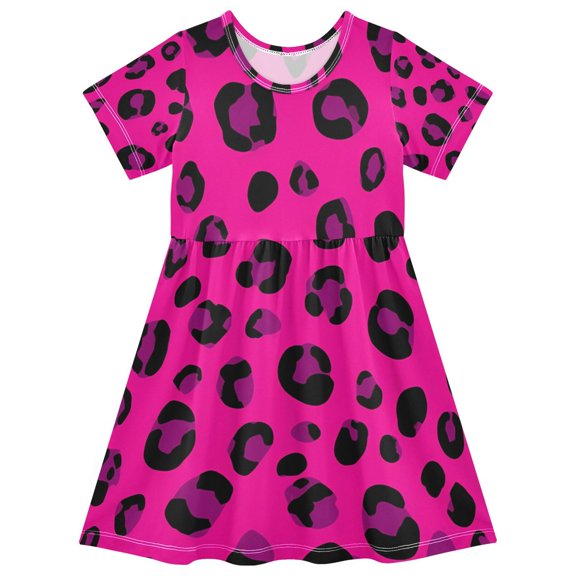 Purple Leopard Pattern Girls Short Sleeve Dress A Line Sun Protection Breathable Comfort Sundress 5-6T