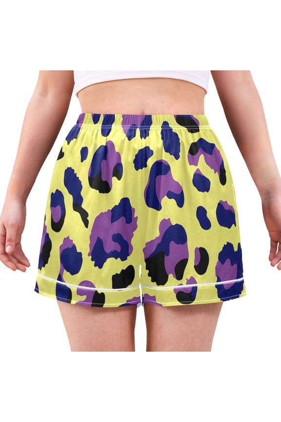 Purple Leopard Pattern Women's Pajama Shorts Silky Satin Casual Lounge Sleep Zero Pressure