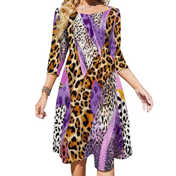 Purple Leopard Print Abstract Women's Fall Dresses Casual Loose Flowy Swing Shift Dress