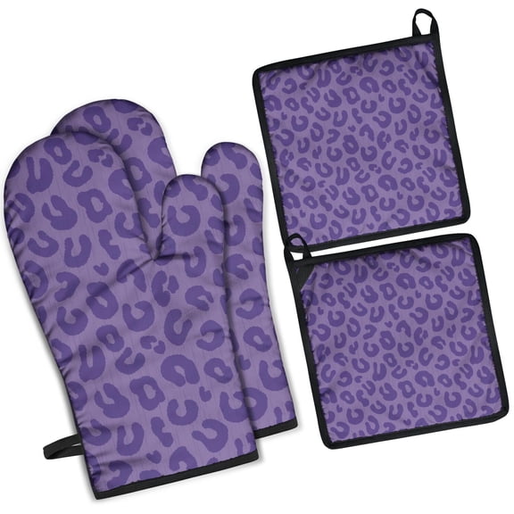 Purple Leopard Print Kitchen Oven Mitt and Pot Holder Sets 4 Pcs for Baking, Cooking and Grilling, Heat Resistant Up To 392 °F