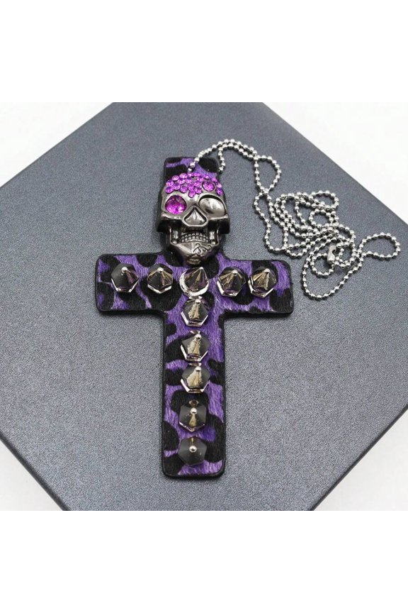 Purple Leopard Print Skull Cross Pendant Necklace With Rhinestones