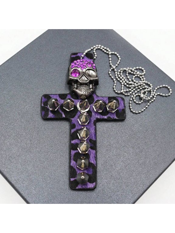 Purple Leopard Print Skull Cross Pendant Necklace With Rhinestones