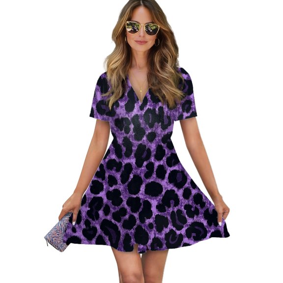 Purple Leopard Print Women Dress V-Neck Short Sleeve Flowy Swing Party Midi Dress