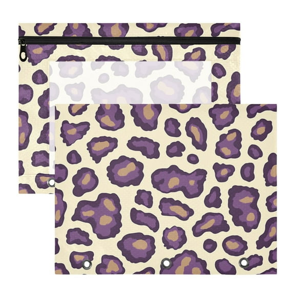 Purple Leopard Skin Print 3-Ring Binder Pouches A4 Size Zipper Pocket File Storage 2 Packs