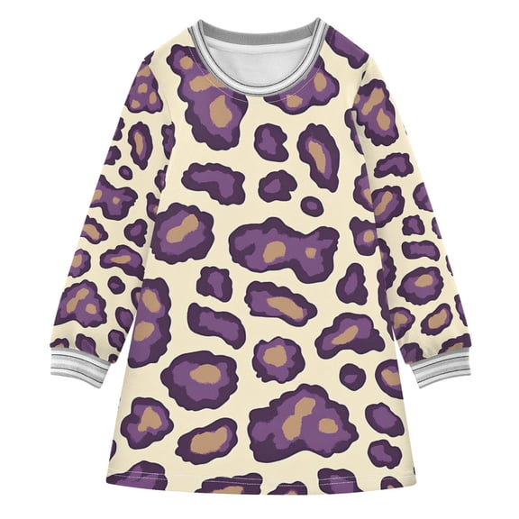 Purple Leopard Skin Print Long-sleeved Dress A-line One-Piece Dress for 2-8 Years Casual Party 2T