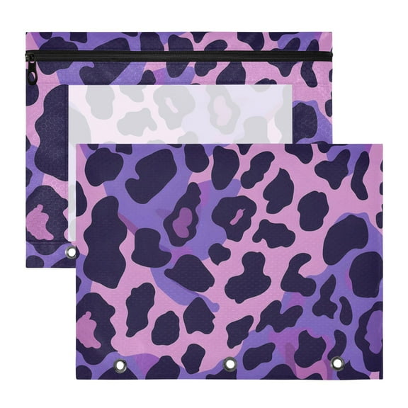 Purple Leopard Skin Texture 3-Ring Binder Pouches A4 Size Zipper Pocket File Storage 2 Packs