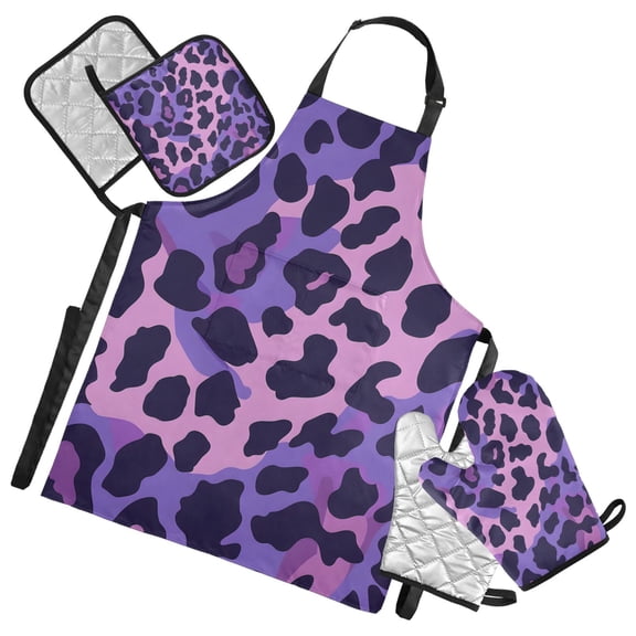 Purple Leopard Skin Texture Apron Set with Oven Mitts Pot Holders Set of 5 Kitchen Stuff Accessories