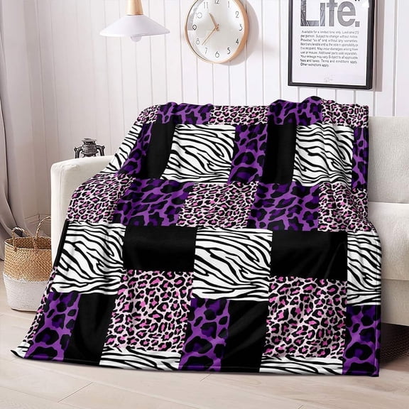 Purple Leopard Throw Blanket, Black and White Zebra Blanket, Patchwork Pink Cheetah Print Blanket, Twin Blanket, Cozy Soft Fuzzy Plush Flannel Fleece Blanket for Bed, Couch, Sofa, 60"x80"