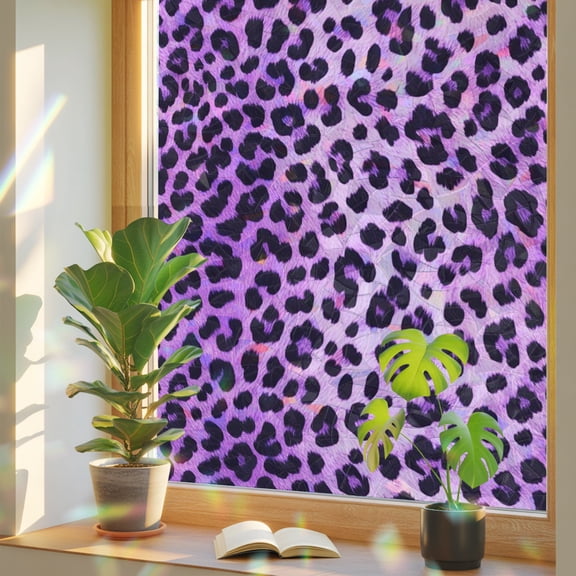 Purple Leopard Window Privacy Film Rainbow Static Cling Stain Glass Window Film for Glass Door, Decorative UV Blocking Sunroof Decal Sticker for Car 17.7"x39.3" Elegant Modern Art Aesthetics