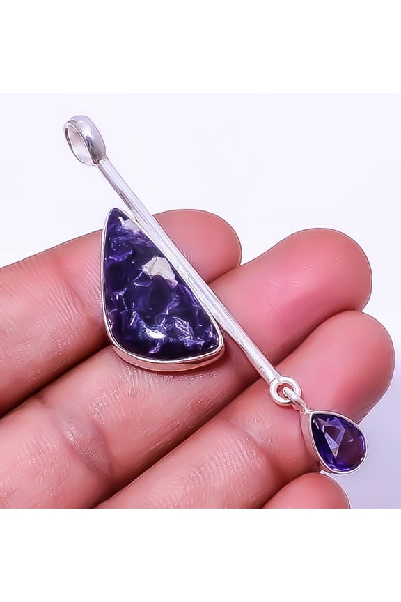 Purple Lepidolite - San Diego & Iolite 925 Sterling Silver Pendant 2.73" A349, Christmas Gift, Gemstone Silver Jewelry, Lepidolite Pendant, New Year S