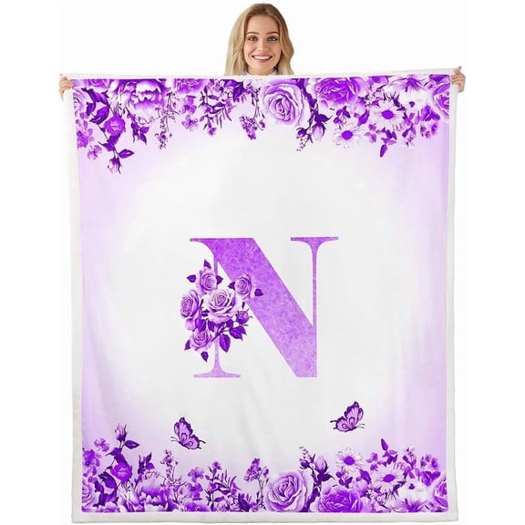 Purple Letter Flowers Fleece Throw Blanket Twin Kids Teens Girls Woman Initial N Sherpa Blanket Plush Fuzzy Soft Monogrammed for Bed Couch Chair Living Room Floral Rose 30" x 40"