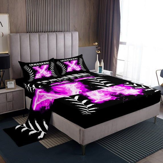 Purple Letter X Bed Sheets Set Monogram Home D茅cor, Baseball Sheets Twin Size Teens Bedroom, Ice And Fire Sports Games Sheet Set Flame Baseball Bedding Set For All-Season, Black