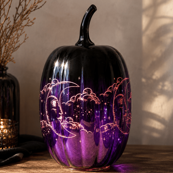 Purple Lighted Halloween Pumpkin Decor, Celestial Moon and Sun Tabletop Ornament with Built-In Fairy Lights, Battery Operated Fall Home Accent, 2 Styles