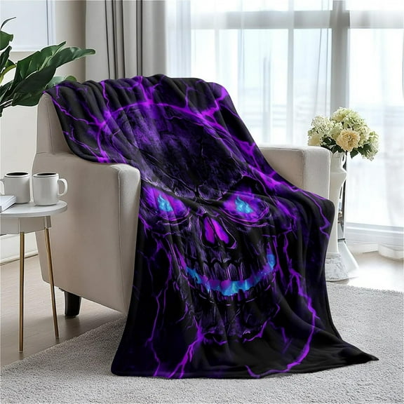 Purple Lightning Skull Print Throw Blanket