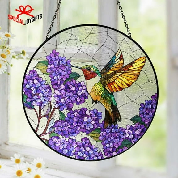 Purple Lilac And Hummingbird Stained Glass Suncatcher, Hummingbird Window Decor, Memory Sympathy Gifts, Mother's Day Gift for Mom Grandma