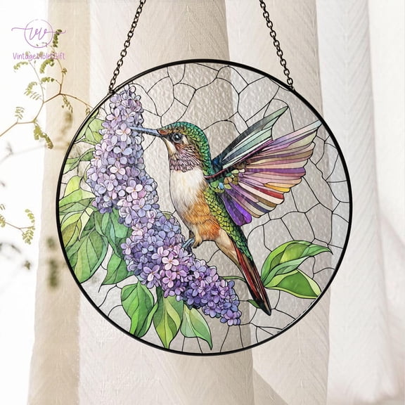 Purple Lilac And Hummingbird Stained Glass Suncatcher, Hummingbird Window Decor, Mother's Day Gift for Mom Grandma, Memory Sympathy Gifts 4295349326