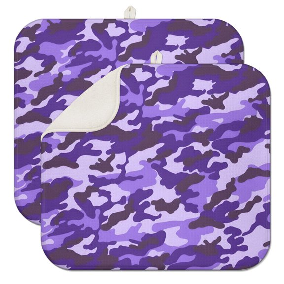 Purple Lilac Camo Classic Shapes Pattern Dish Drying Mat for Kitchen 1 Pack, Ultra Absorbent Microfiber Dishes Drainer Mats,16"x18"