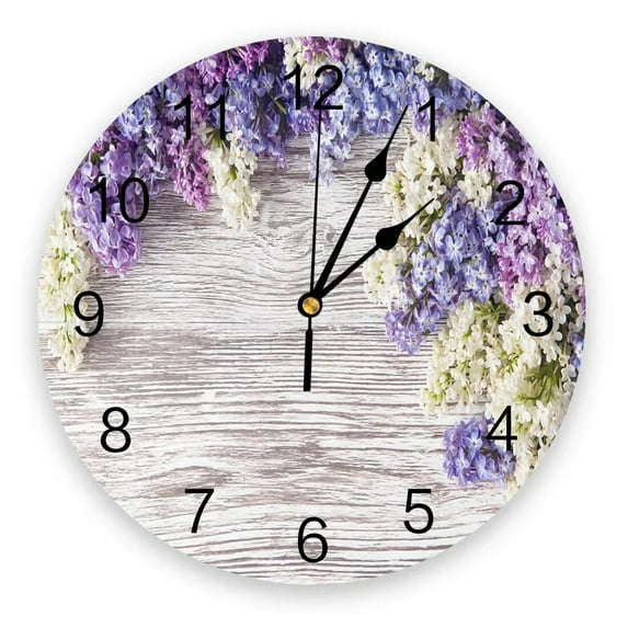 Purple Lilac Flower Wooden Board Wall Clock Modern Design Clocks Wall Hanging Home Decor Living Room Round PVC Wall Clocks(10 Inch)