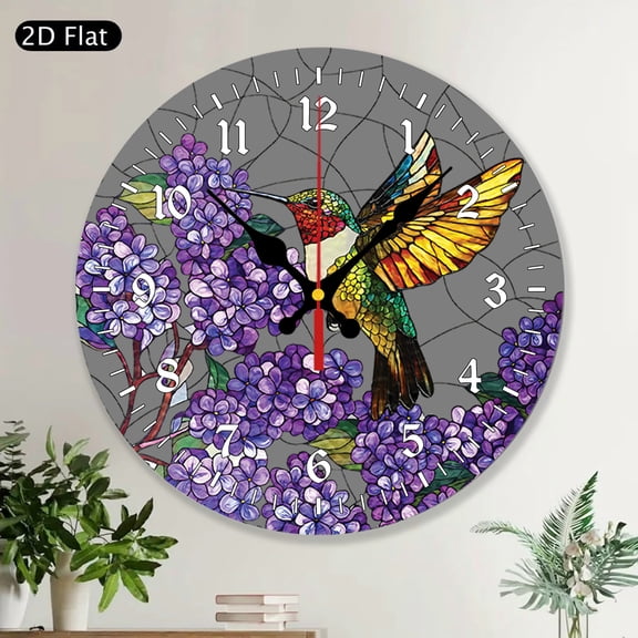 Purple Lilac Hummingbird Stained Glass Round Wall Clock, Hummingbird Wall Decor, Memory Sympathy Gifts, Mother's Day Gift for Mom Grandma