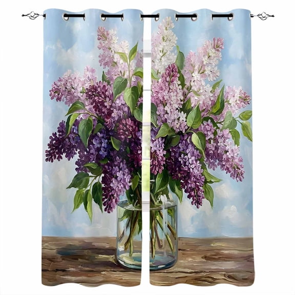Purple Lilacs Blackout Curtains 45 Inch Length Spring Summer Floral Vase Oil Painting Texture Thermal Insulated Window Curtain Window Drapes 2 Panels for Bedroom Living Room 52"Wx45"L