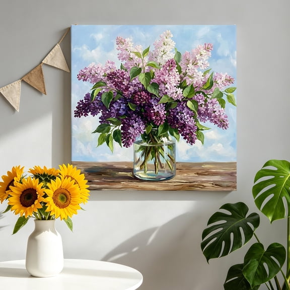 Purple Lilacs Canvas Wall Art, Spring Summer Floral Vase Oil Painting Texture Pictures Wall Decor Wooden Framed Artwork Art Prints for Living Room Hallway Bedroom Office 8"x8"