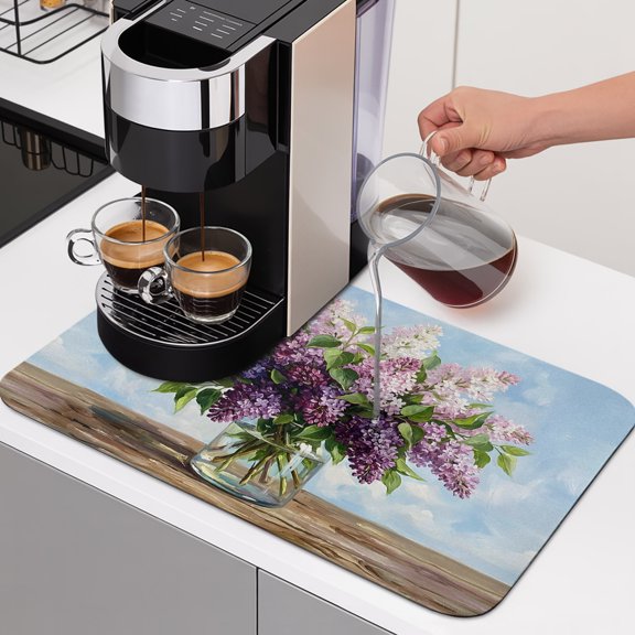 Purple Lilacs Dish Drying Mats for Kitchen Counter, Spring Summer Floral Vase Oil Painting Texture Absorbent Coffee Bar Mat with Non-slip Rubber Backed Quick Drying Dish Rack Pad 12"x16"