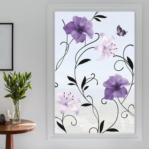 Purple Lily Stained Glass Privacy Window Film, Non-Adhesive Static Cling Frosted Film for Bathroom Shower Doors, Glass Doors,UV Blocking & Heat Insulating, 31.5" x 78.7"